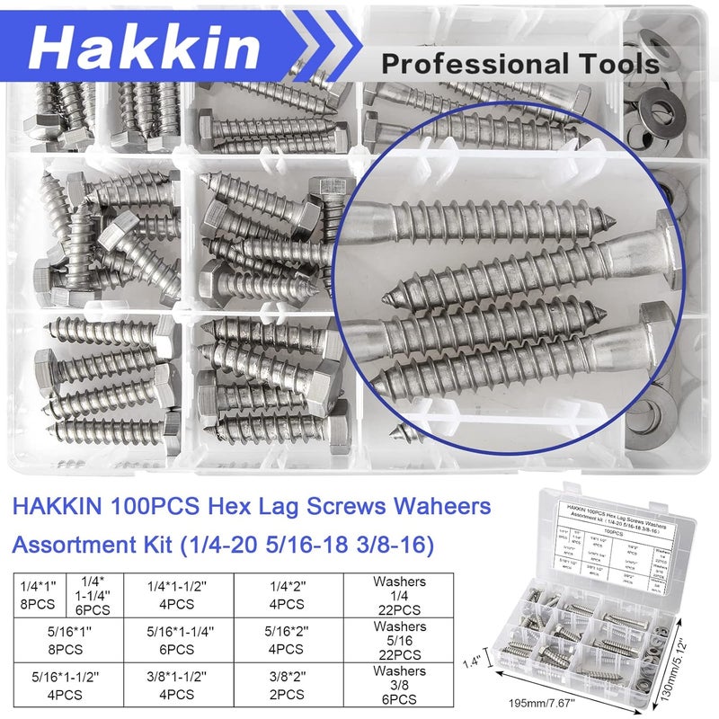 Hakkin 100PCS 1/4" 5/16" 3/8" Hex Lag Bolts Screws Washer Assortment Kit, Hexagon Head Lag Screws 304 Stainless Steel,Heavy Duty Wood Screws Assortment Kit Length Include 1" 1-1/4" 1-1/2" 2" - Image 5